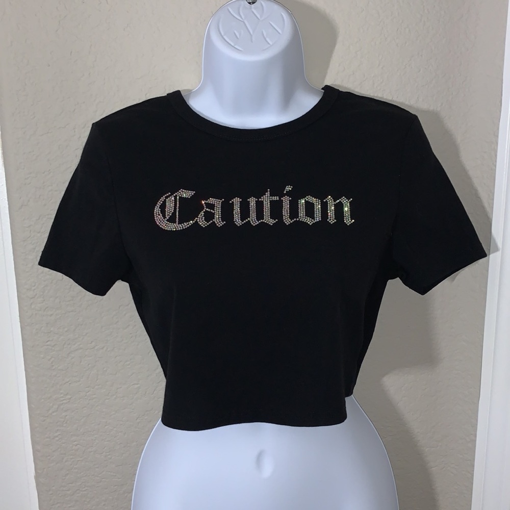 'Caution' Rhinestone Crop Tee